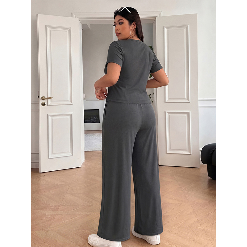 Plus Size Gray V-Neck Ruched Top and Wide-Leg Pants Set