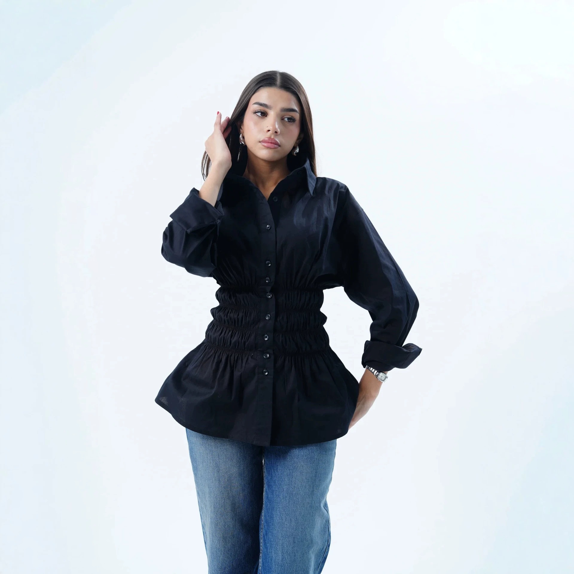 Women's Fitted Ruched Hem Button-Up Shirt