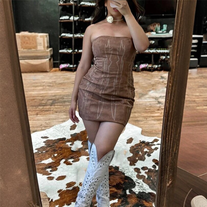 Faux Denim Print Strapless Bodycon Mini Dress
