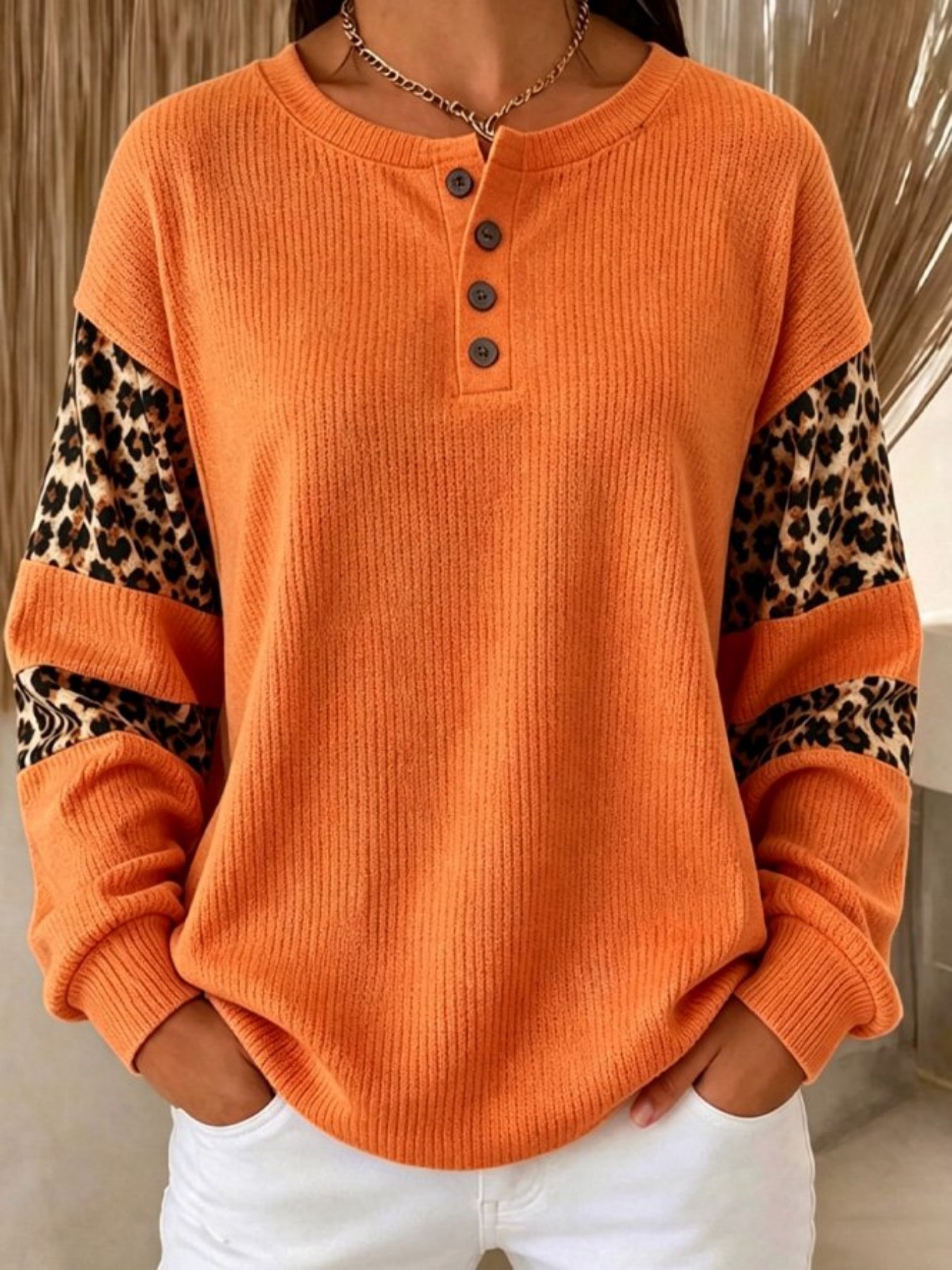 Women's Retro Color-Block Leopard Print Buttoned Sweatshirt
