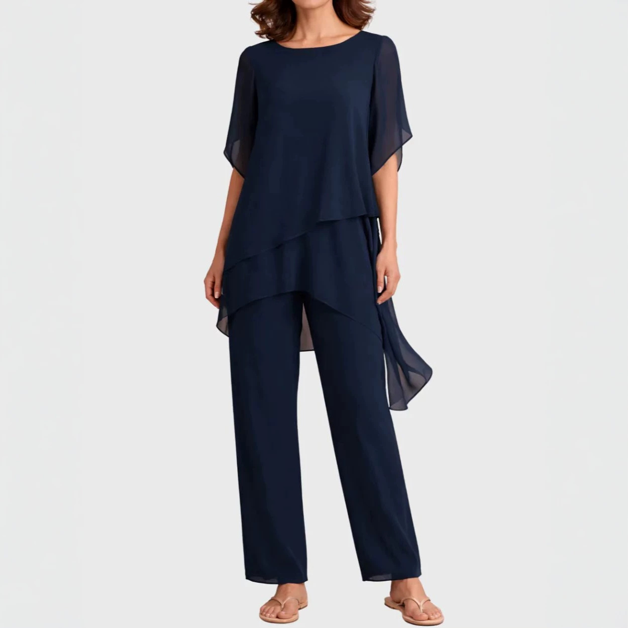 Women's Chiffon Short Sleeve Solid Color Loose Irregular Two-Piece Pant Set