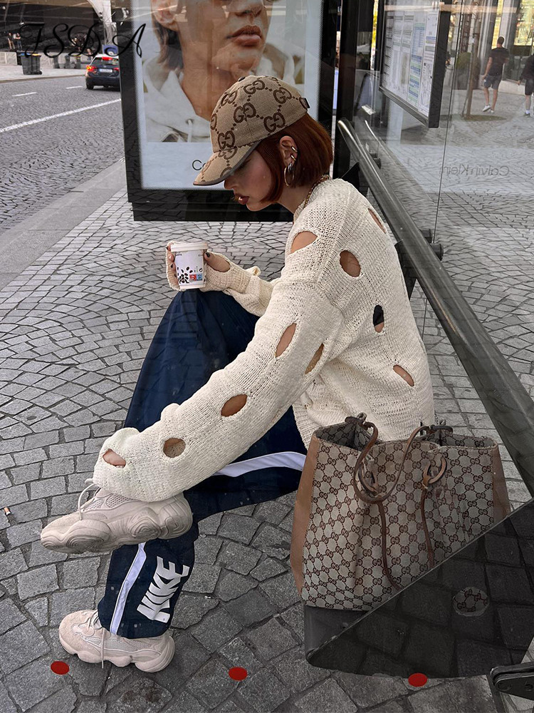 Women's Loose Fit Distressed Cutout Long Sleeve Knit Pullover Sweater