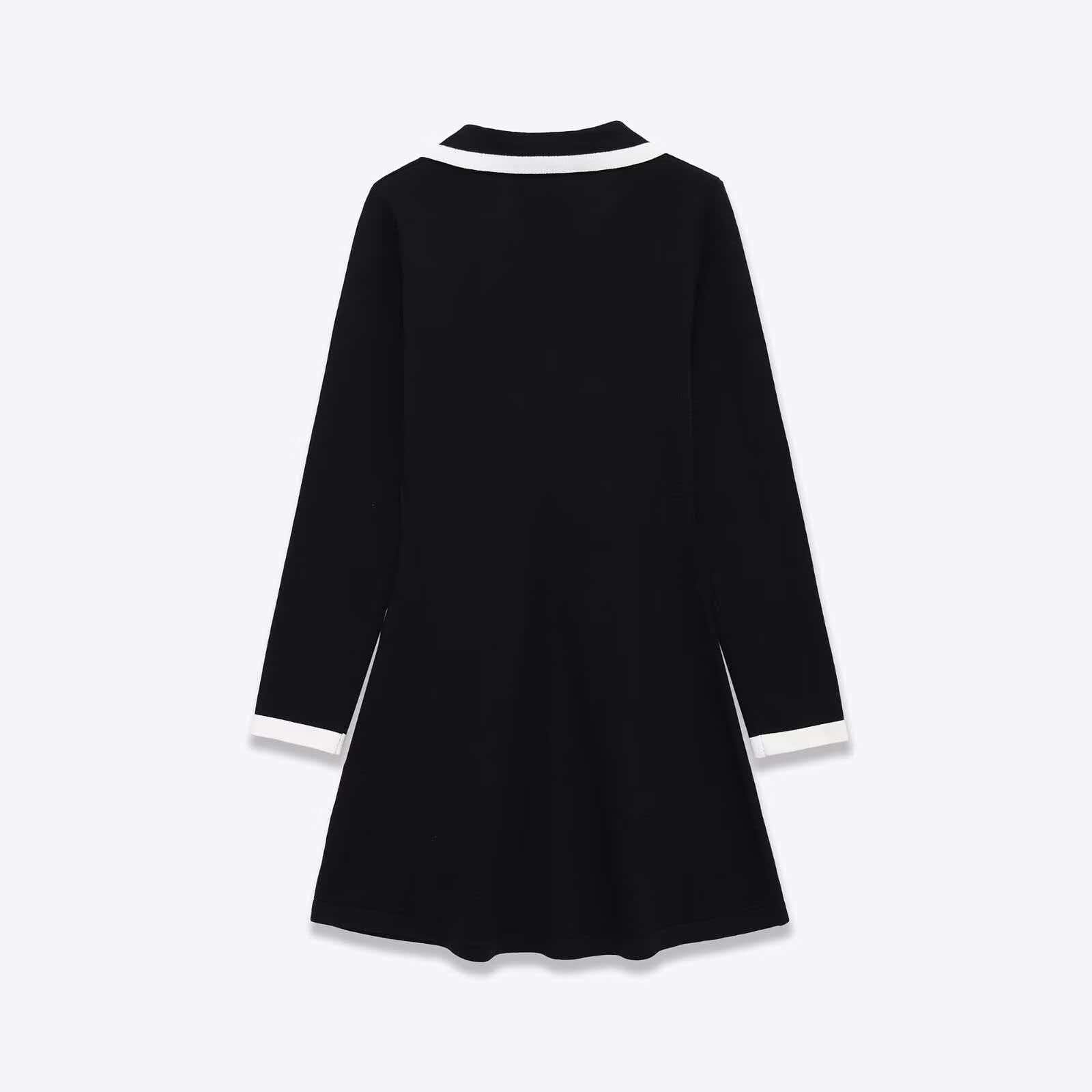 Elegant Slim-Fit Color-Block Long Dress with V-Neck and Long Sleeves