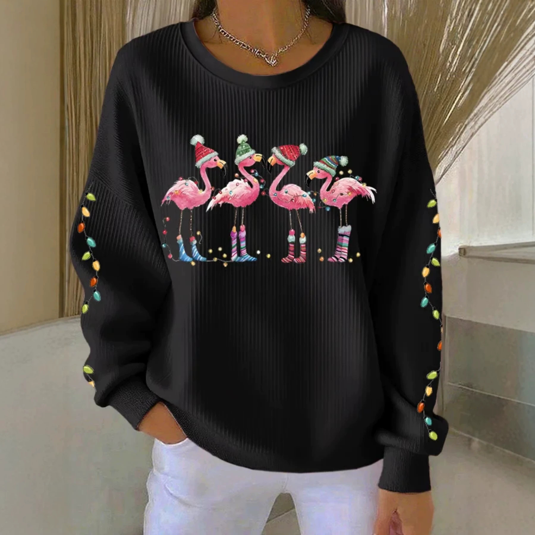 Flamingo Print Crewneck Long Sleeve Pullover Sweatshirt