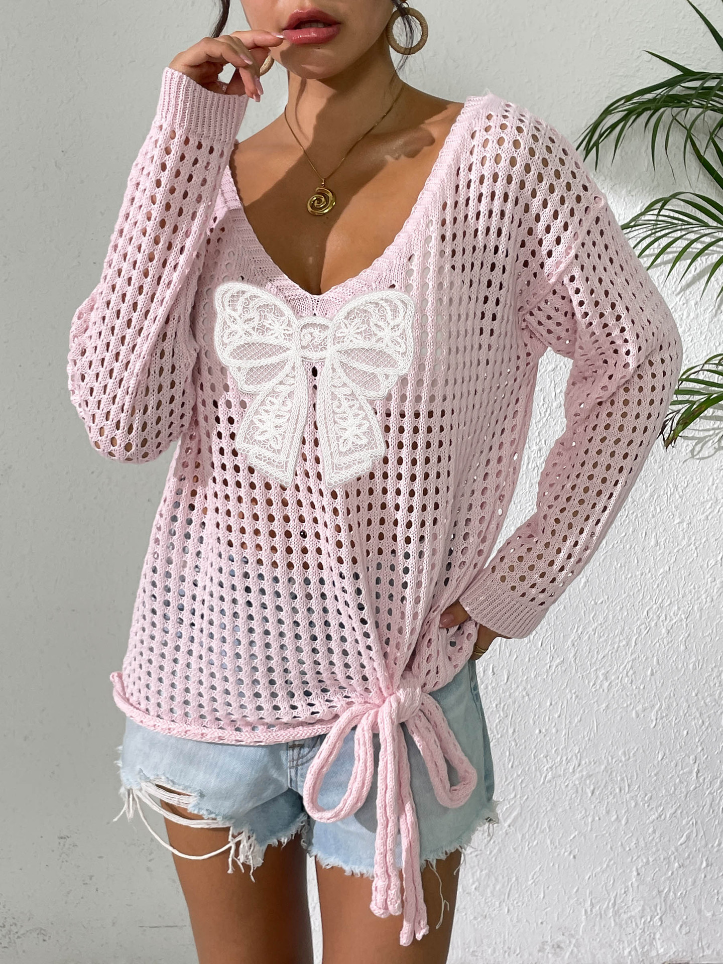 Women's Open-Knit Butterfly Pullover Sweater with Tie Detail