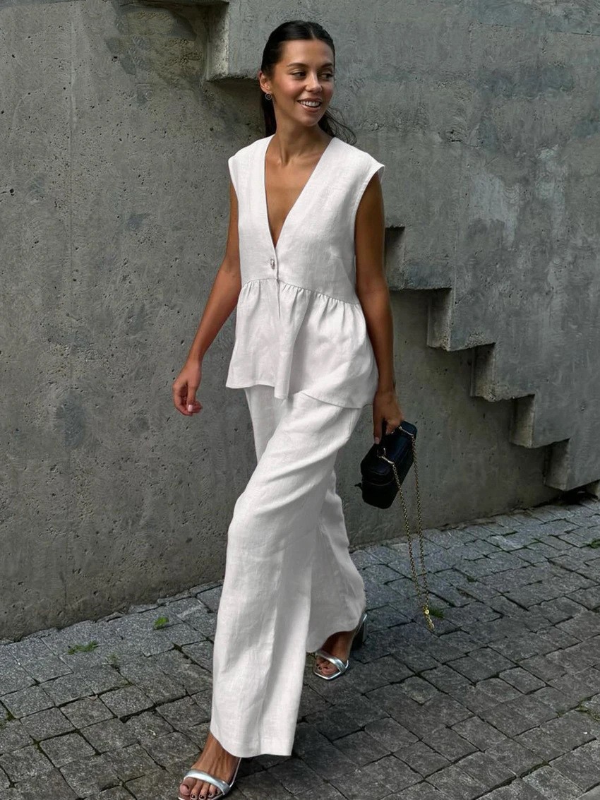 V-Neck Sleeveless Top and Pants Two-Piece Set Solid Color Commuter