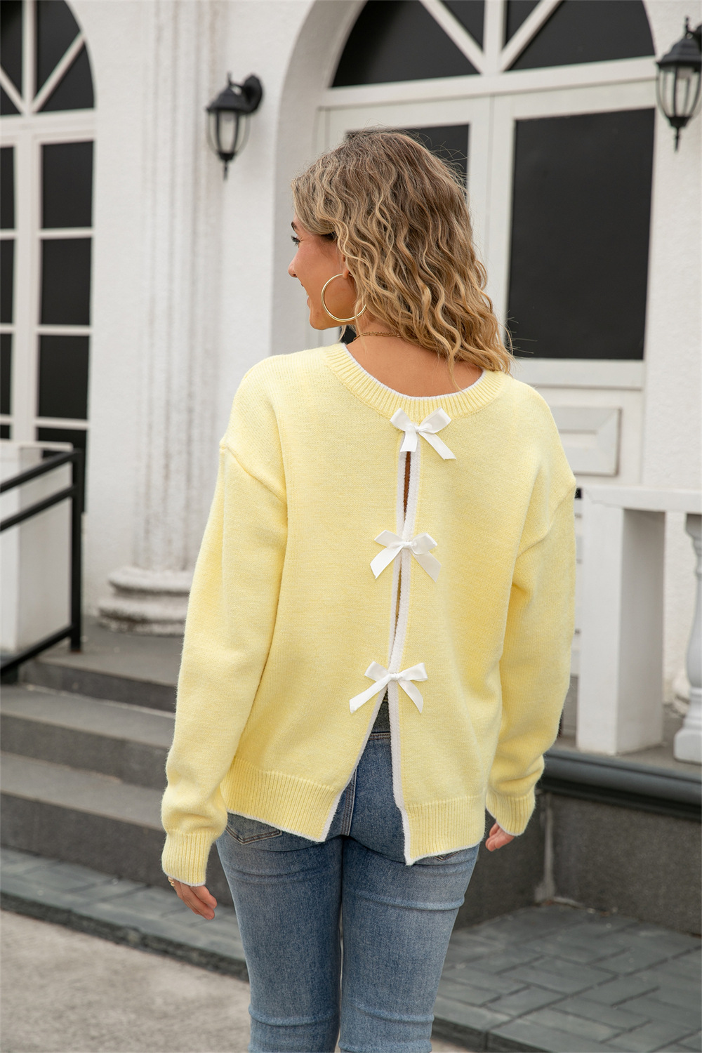 Back Bow Tie Open Back Knit Sweater for Women