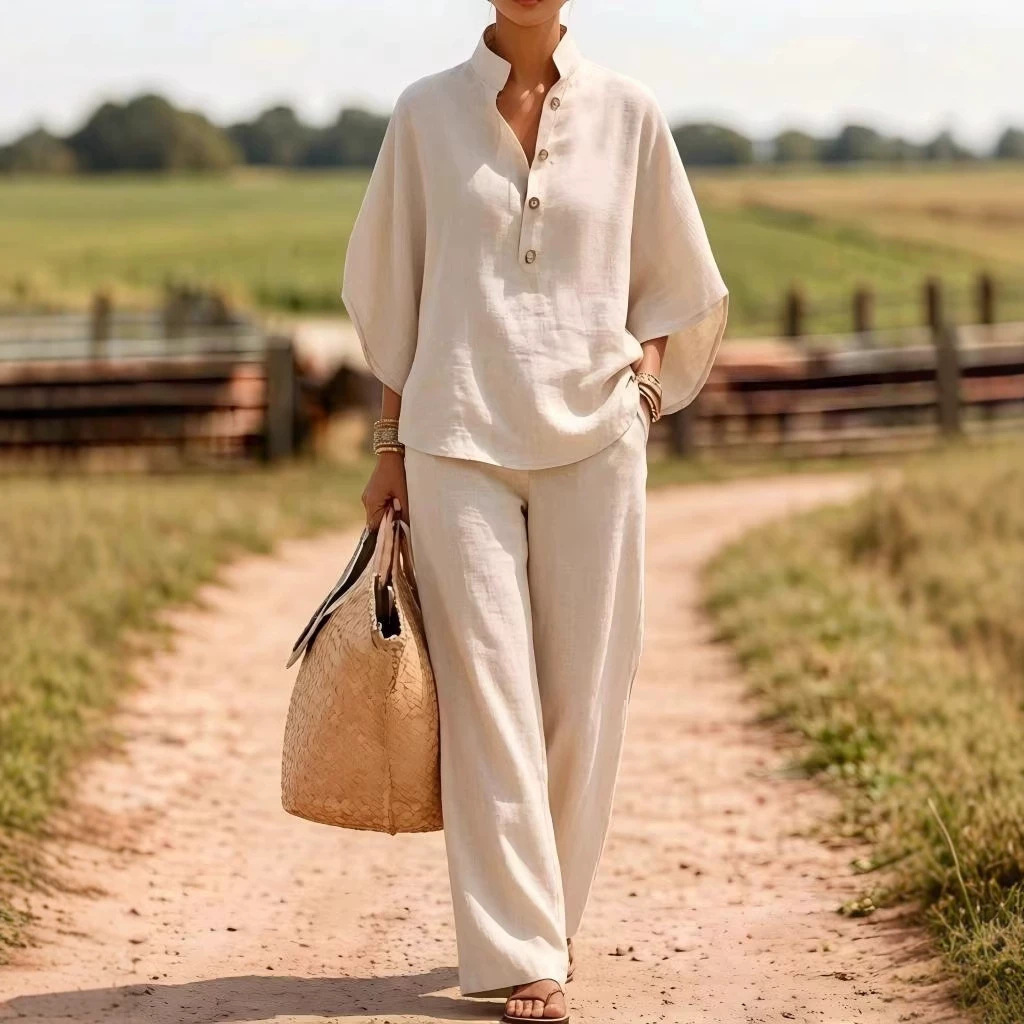 Women's Casual Button-Down Shirt and Wide-Leg Pants Two-Piece Set Solid Color