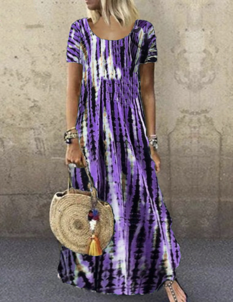 Tie-Dye Print Short Sleeve Round Neck Maxi Dress Plus Size Casual