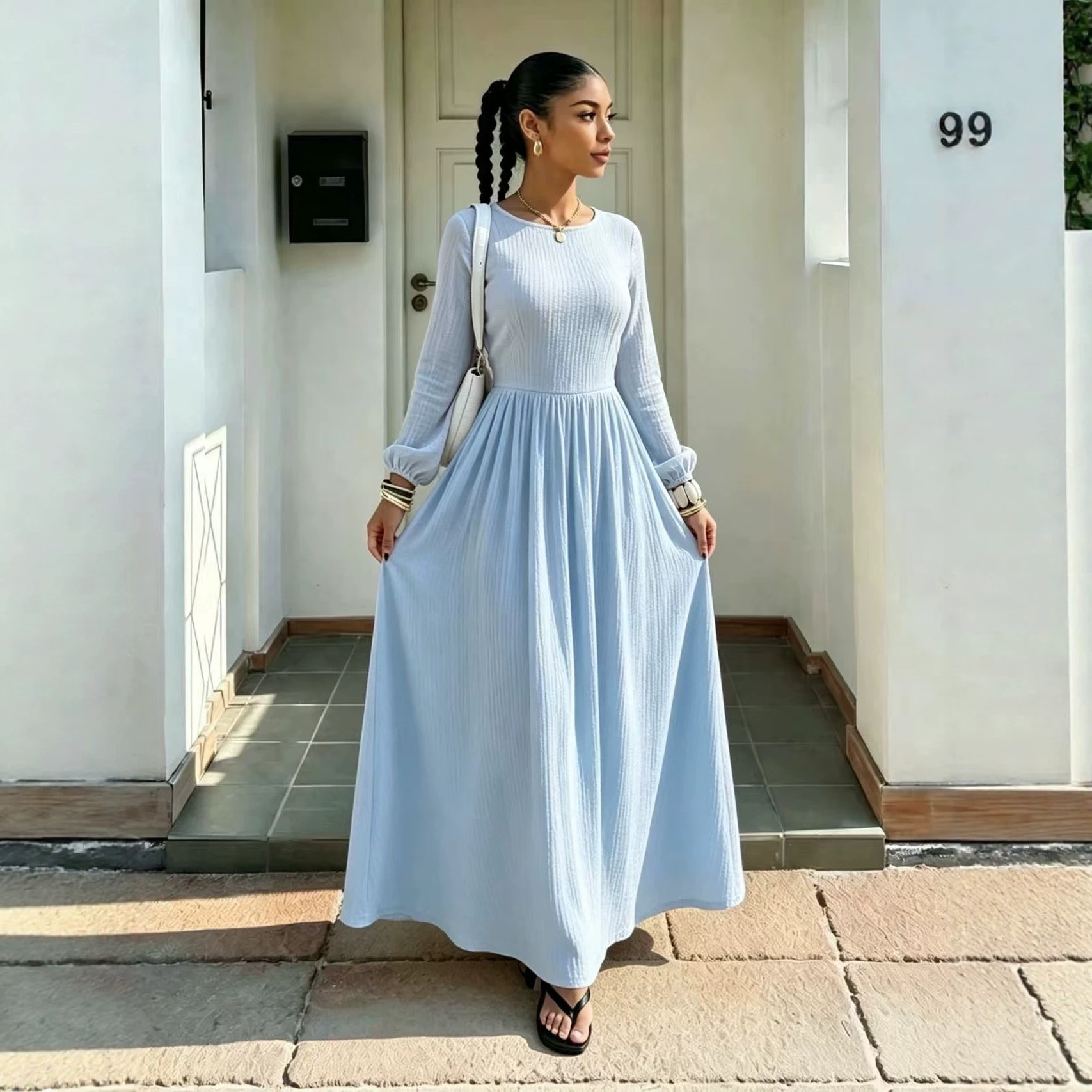French-Style Fitted A-Line Long-Sleeve Dress with Round Neck and Cinched Waist