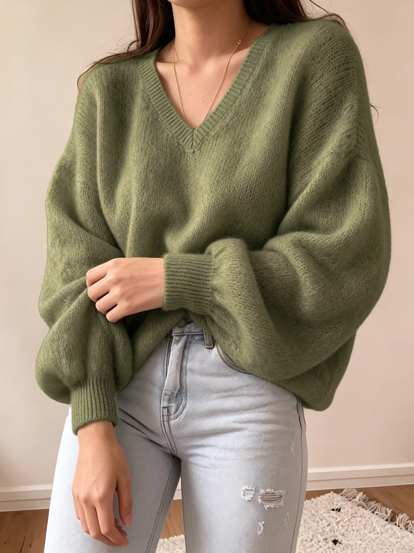 Women's V-Neck Solid Color Loose Drop Shoulder Lantern Sleeve Knit Pullover Sweater