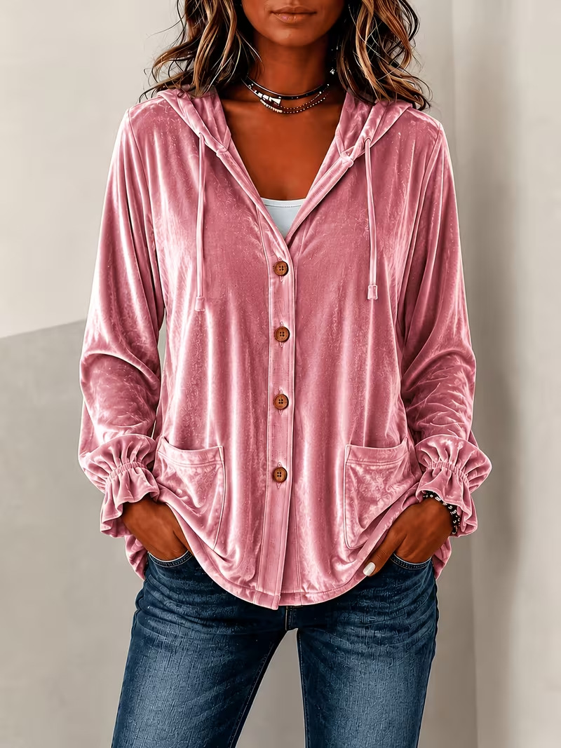 Annuo Self-Developed 2026 European and American Button Velvet Hooded Cardigan Jacket Fall Winter New Cross-Border Solid Color Casual Hooded