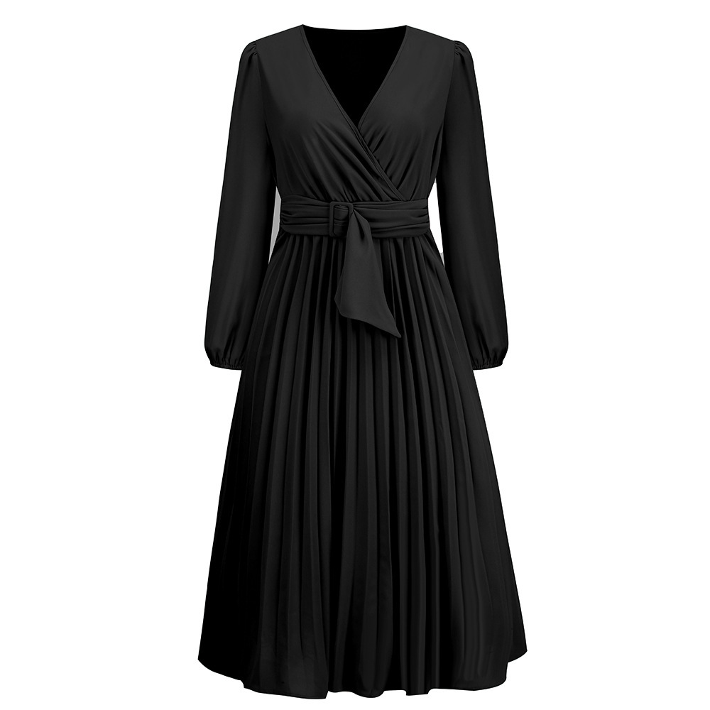 Women's Long Sleeve Pleated Belted V-Neck A-Line Dress