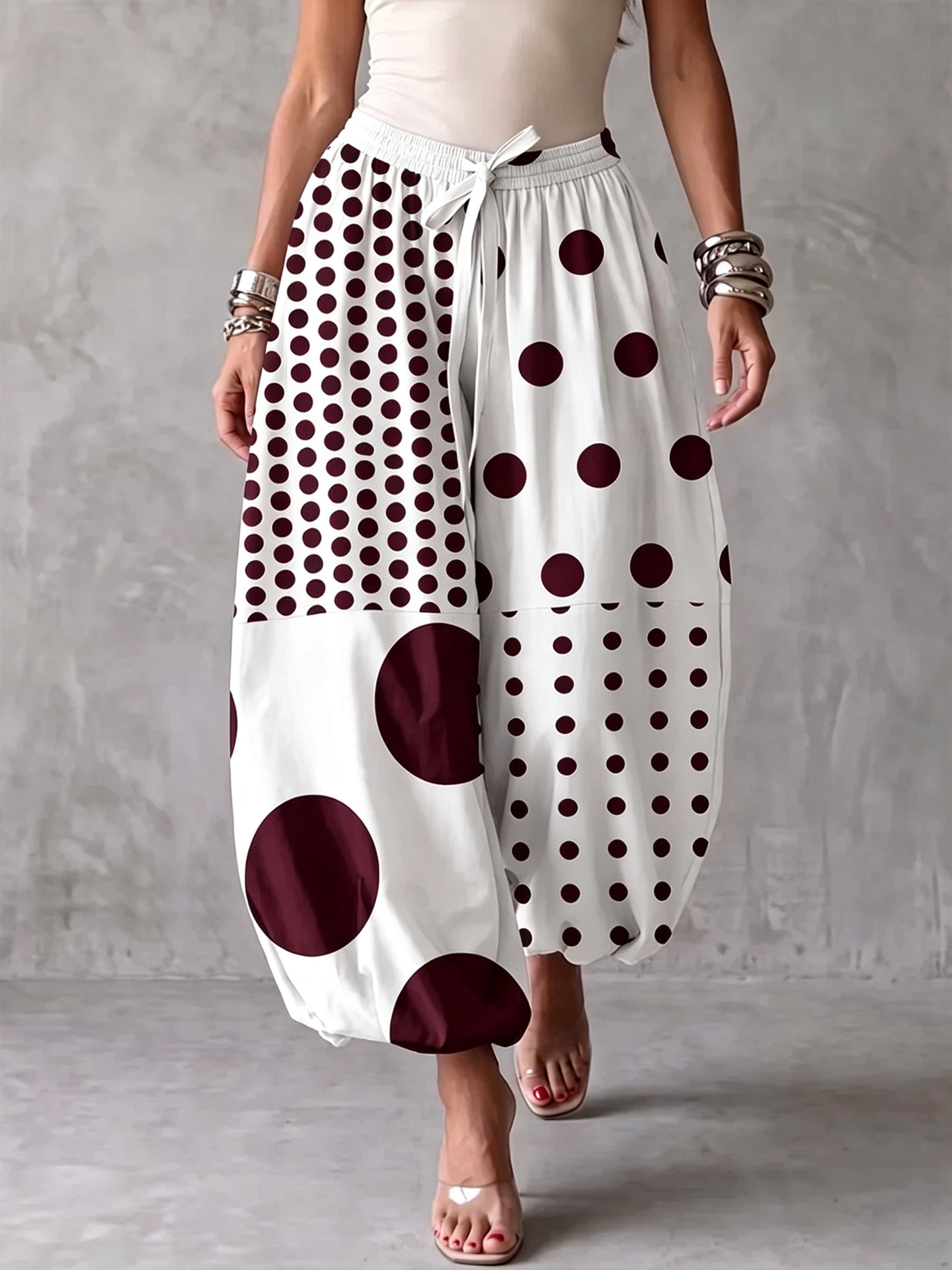 Asymmetric Polka Dot Print Drawstring Jogger Pants