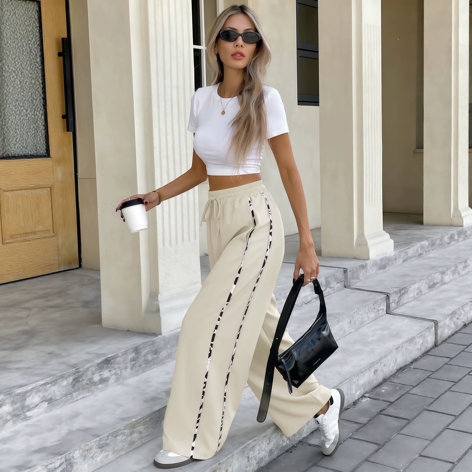 Women's Drawstring Waist Wide Leg Pants Leopard Print Patchwork
