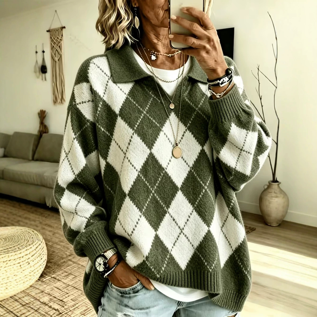 Diamond Plaid V-Neck Collared Knit Sweater
