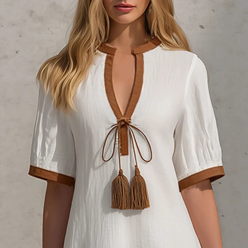 Casual Vintage Fringe V-Neck Short Sleeve Mini Dress
