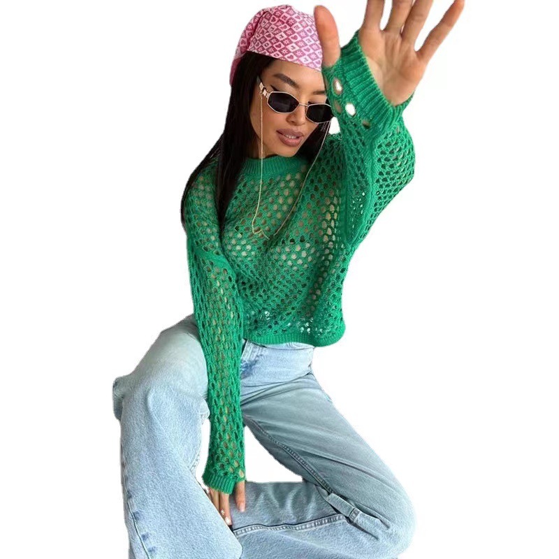 Women's Hollow-Out Knit Sweater with Bell Sleeves, Loose Crew Neck Pullover