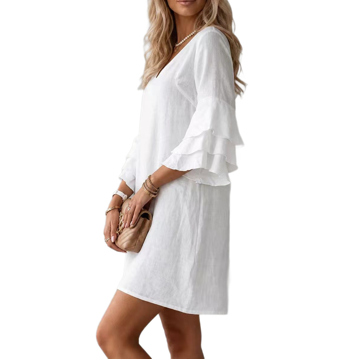 V-Neck Cotton-Linen Dress with Ruffle Sleeves