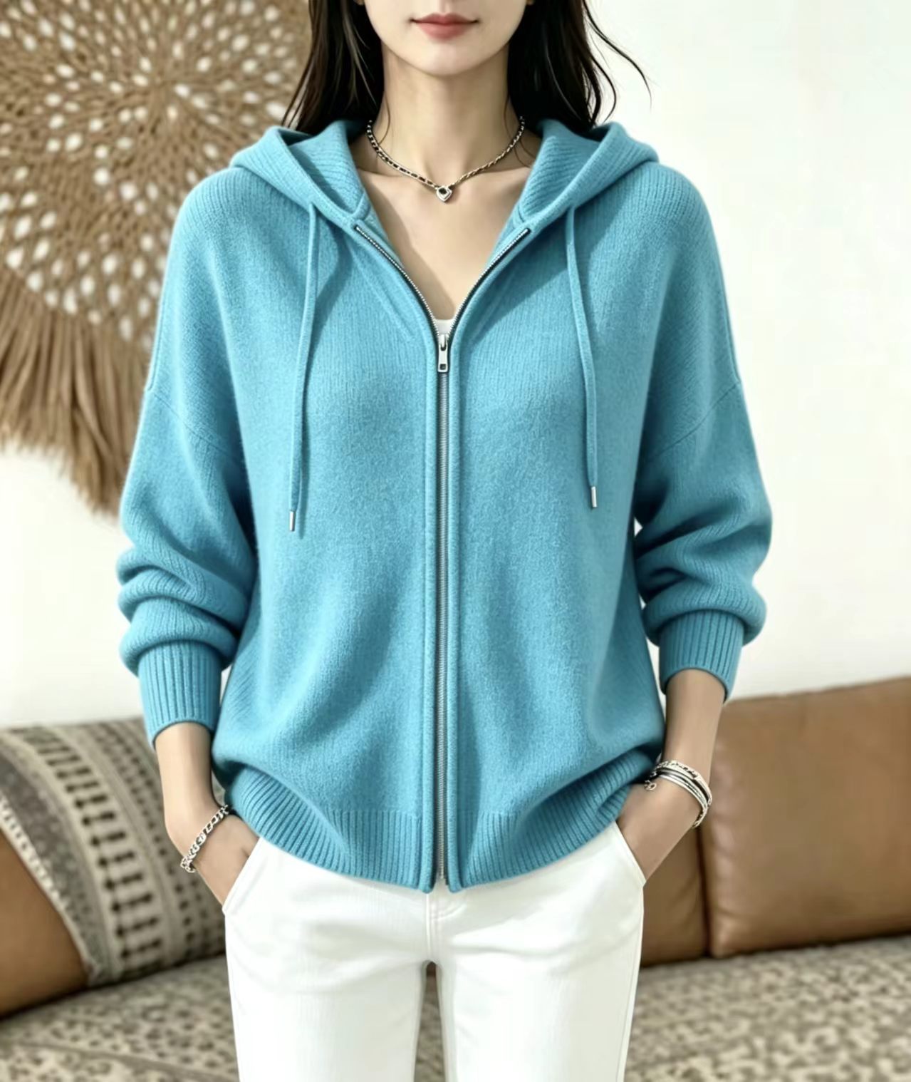Women's Zip-Up Hooded Knit Cardigan Sweater