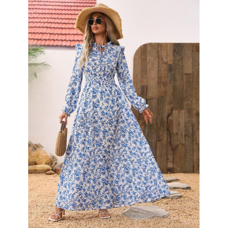 Floral Print Long Sleeve A-Line Maxi Dress with High Waist