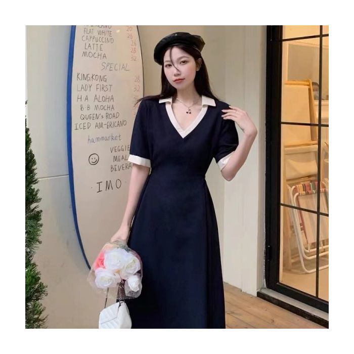 Plus Size Women's French Style A-Line Dress V-Neck Short Sleeve Midi