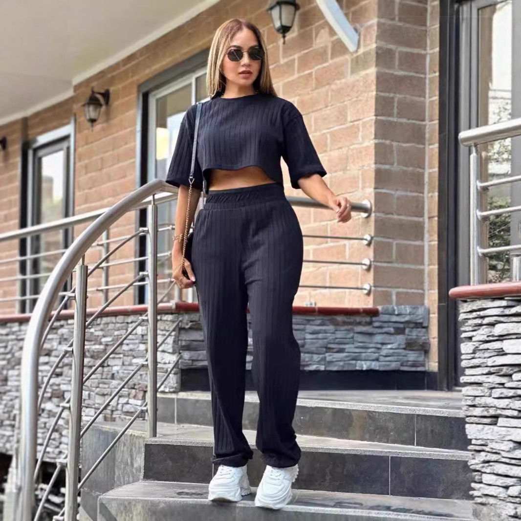 Women's Two-Piece Lounge Set with Short-Sleeve Crewneck Top and Straight-Leg Pants
