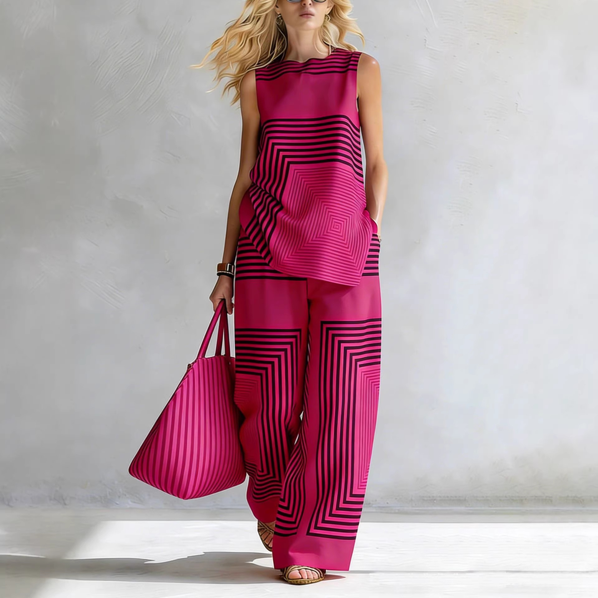 Women's Lightweight Geometric Sleeveless Top and Wide-Leg Pants Set