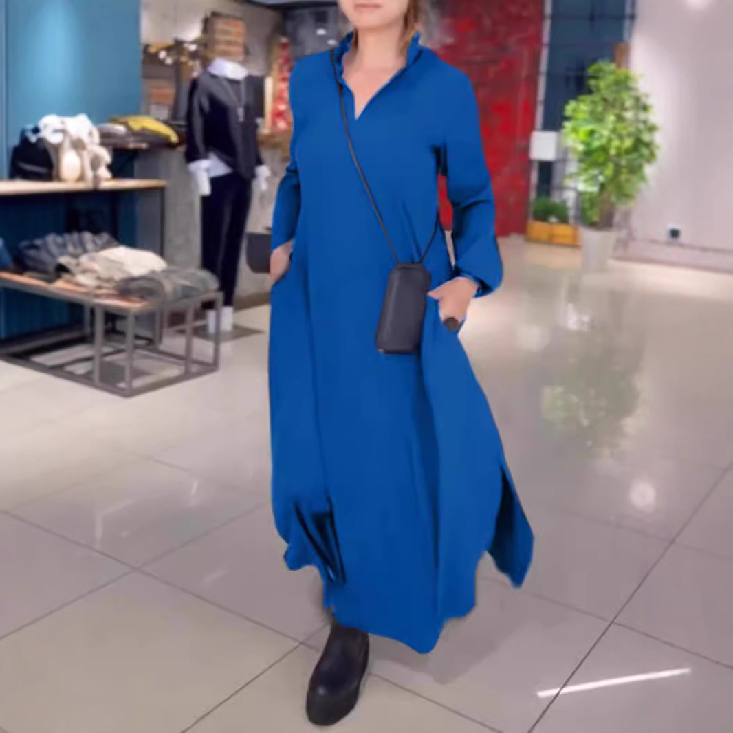 Women's Solid V-Neck Long Sleeve Loose Fit Maxi Dress