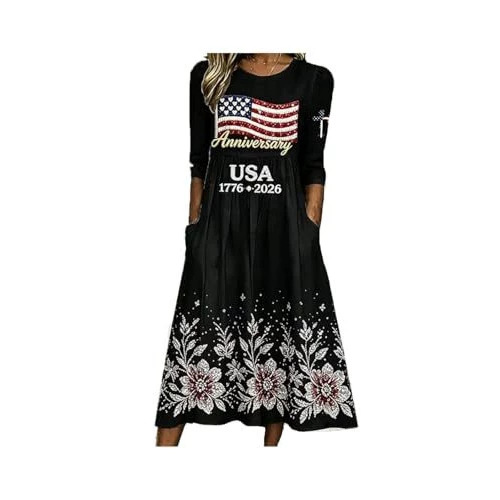 Women's American Flag Print Ruched Floral Dress with Pockets