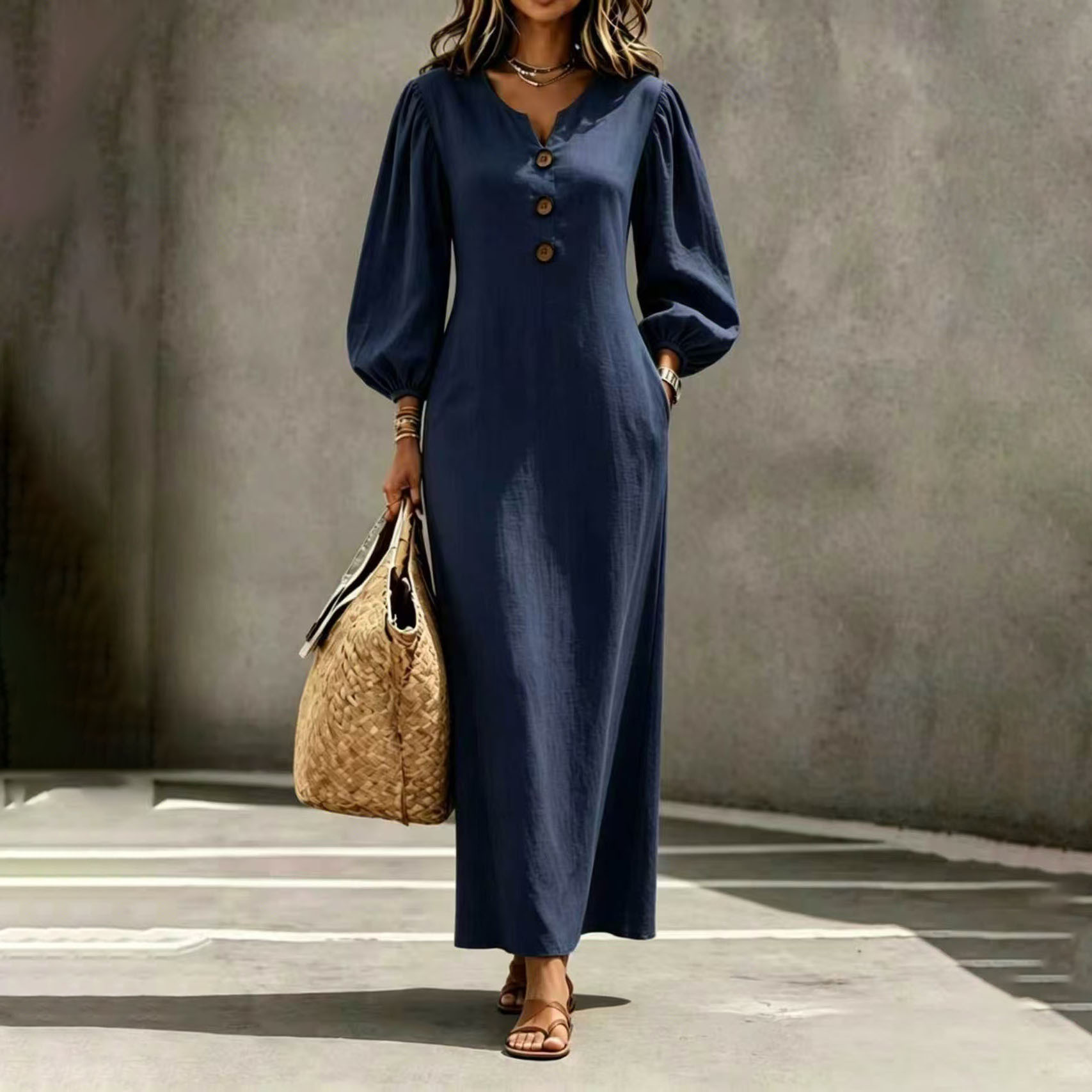 Women's V-Neck Button Bubble Sleeve Loose Long Dress
