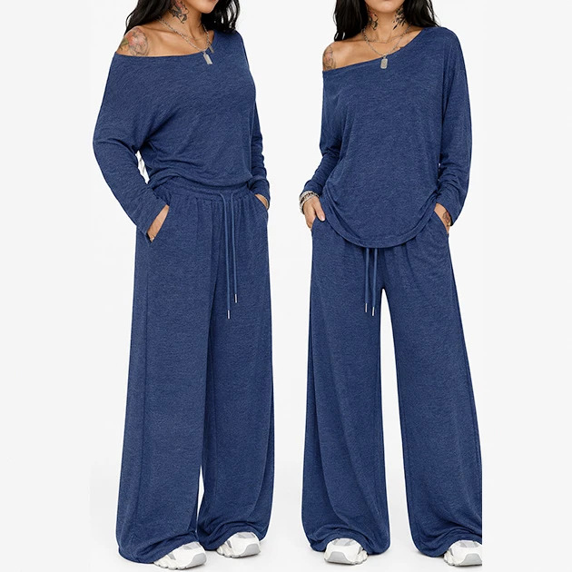 Women's Oblique Neck Wide Leg Pants Set Solid Color Casual Two Piece