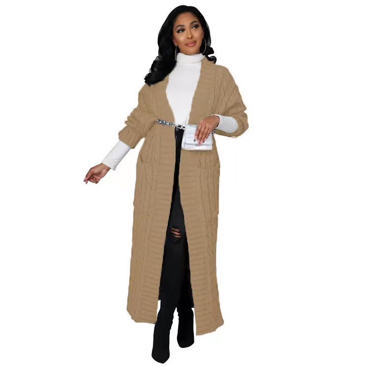 Cable-Knit Open-Front Long Cardigan with Pockets