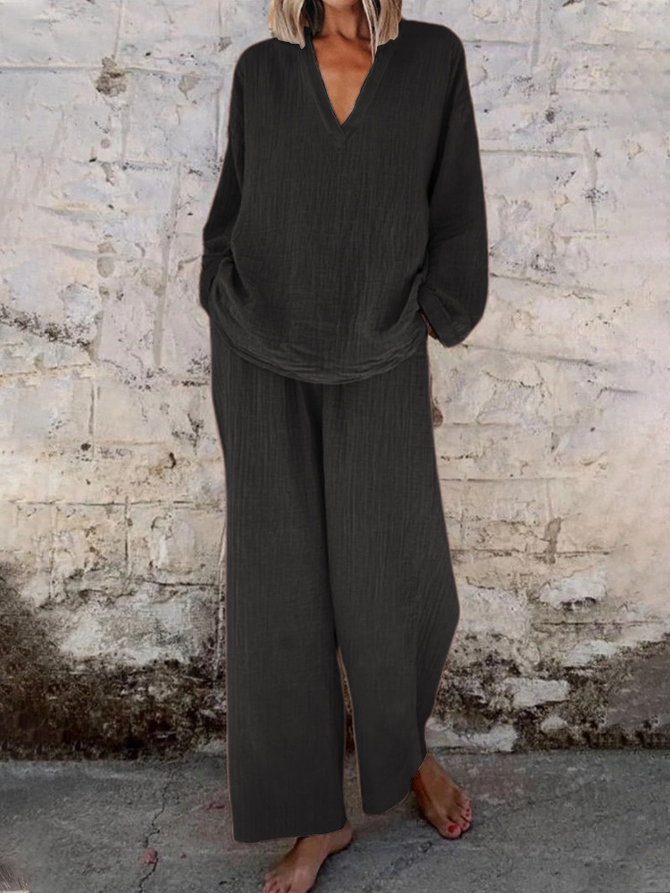 Women's Casual V-Neck Long-Sleeve Top and Pocket Pants Set