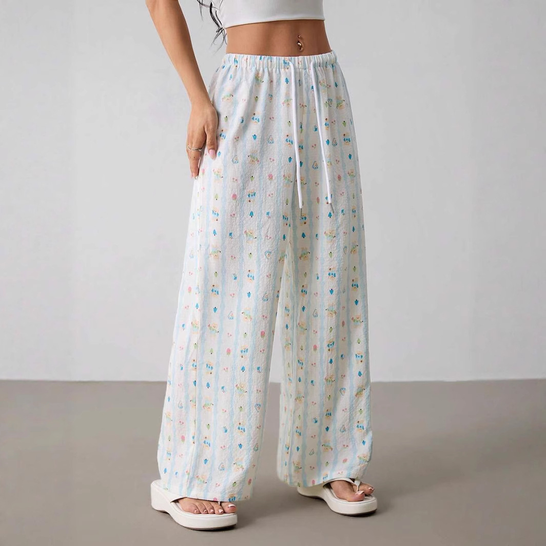 Cute Bear Print Wide-Leg Lounge Pants with Tie Waist
