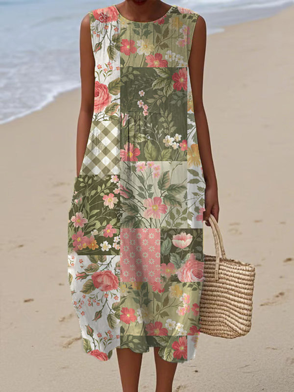 Women's Sleeveless Polka Dot Floral Midi Dress Casual