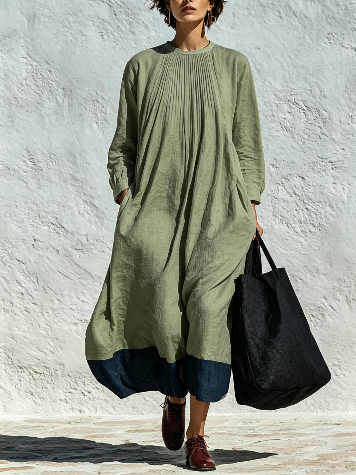 Women's Crewneck Pleated Colorblock Linen Blend Loose Long Sleeve Dress