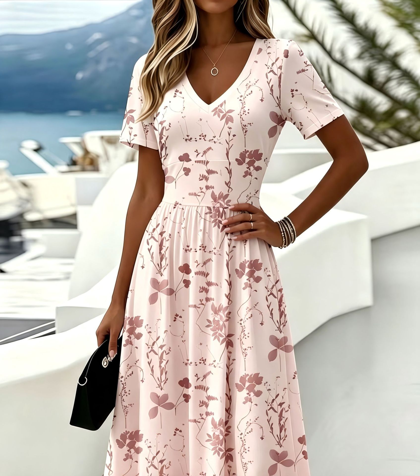 Women's Floral Leaf Print Casual Midi Dress with Deep V-Neck and Short Sleeves