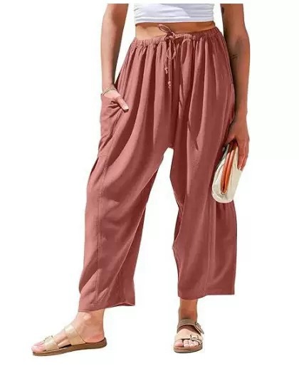 Women's Cotton-Linen Straight-Leg Cropped Pants with Elastic Waist and Pleats, Breathable Casual