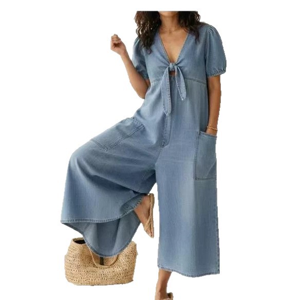 Women's Casual Loose Short Sleeve V-Neck Washed Denim Jumpsuit with Pockets