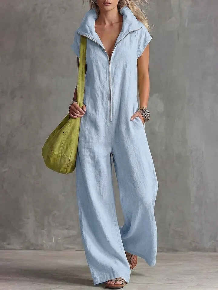 Women's Loose Linen Jumpsuit with Pockets Sleeveless Straight Leg