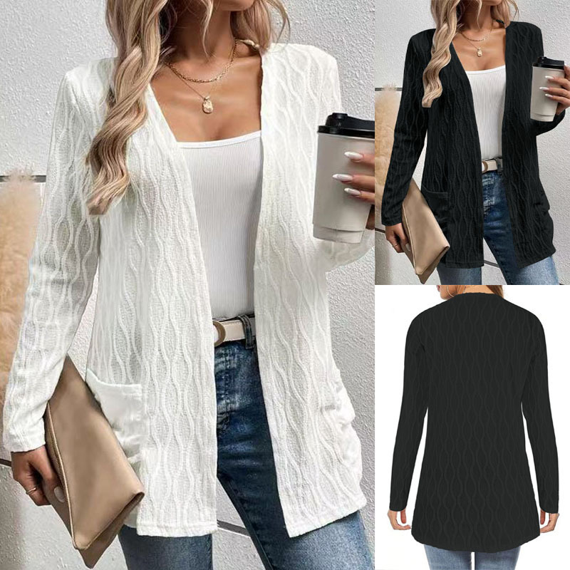 Women's Open-Front Knit Cardigan Long Sleeve Hollow-Out Solid Color