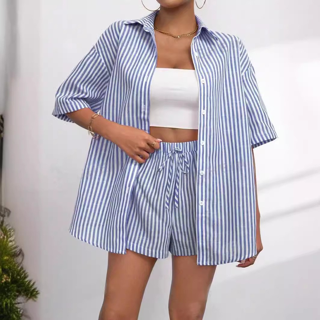 Striped Lapel Short-Sleeve Top and Shorts Two-Piece Set