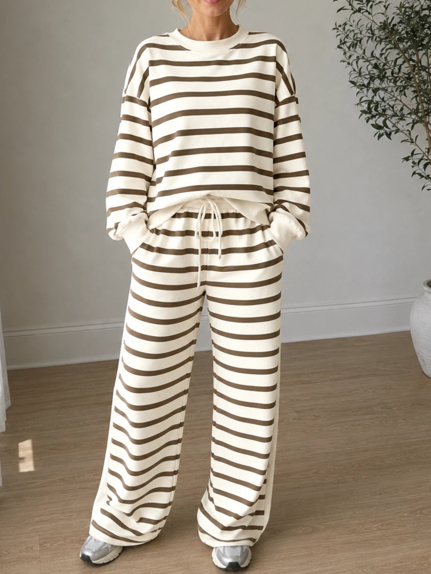 Women's High-Waist Striped Print Long-Sleeve Two-Piece Casual Set