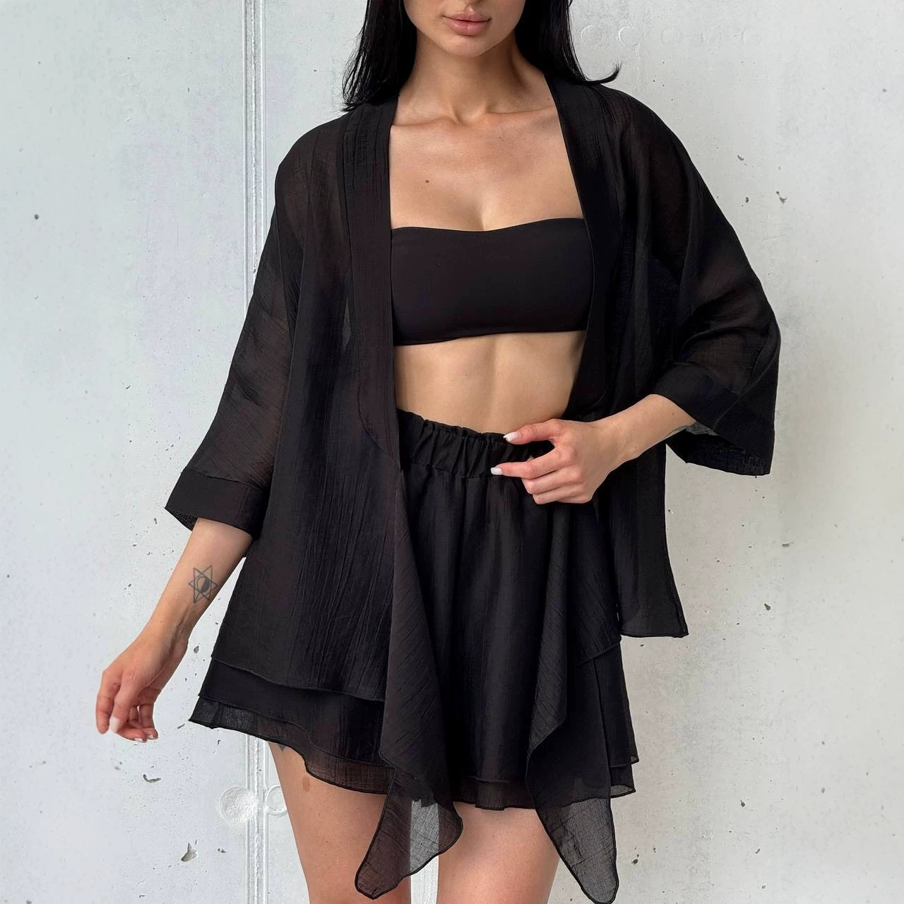 Women's Long Sleeve Solid Loose Shirt and Shorts Two-Piece Set