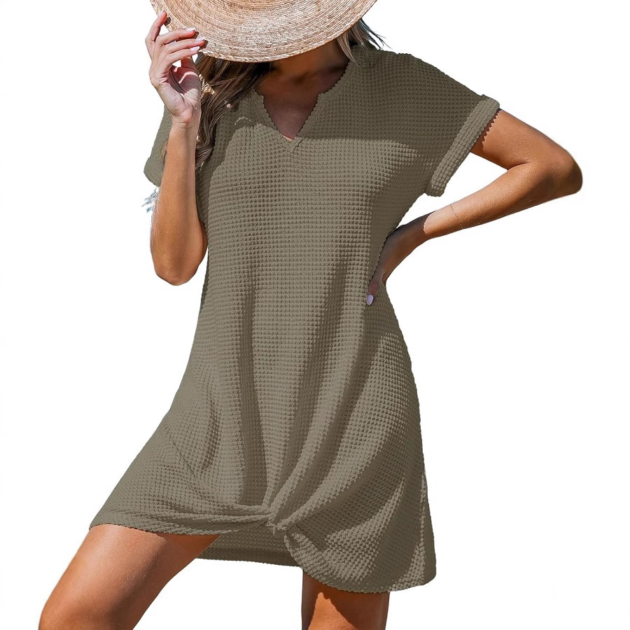 V-Neck Twist Cover-Up Dress Short Sleeve A-Line Beach Dress