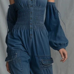 Off-Shoulder Ruched Lantern Sleeve Belted Denim Jumpsuit