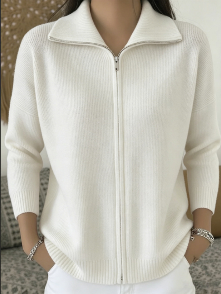 Women's Zip-Up Knit Cardigan Sweater with Collar, Solid Color Casual
