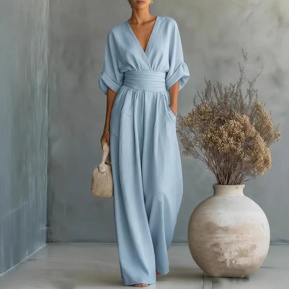 Elegant V-Neck Cinched Waist Wide-Leg Jumpsuit