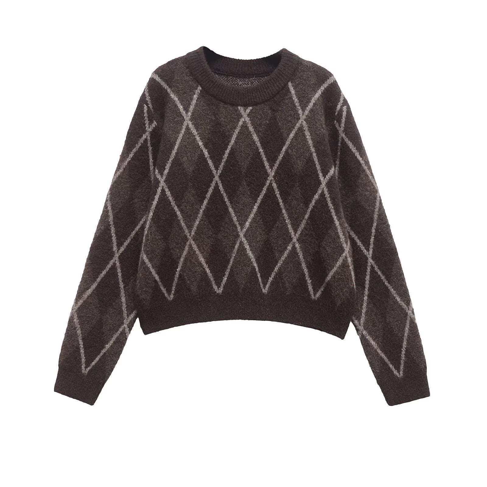 Retro Color-Block Diamond Knit Sweater